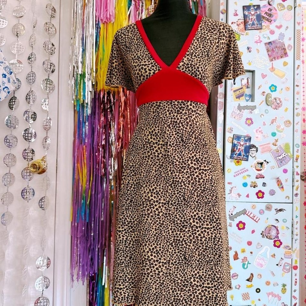 Vintage 90s y2k leopard print dress with red trim